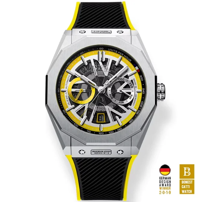 BONEST GATTI Men Automatic Watch 42mm Mechanical Wristwatch Waterproof Sapphire Luminous Skeleton Dial Month Week Date FKM Strap