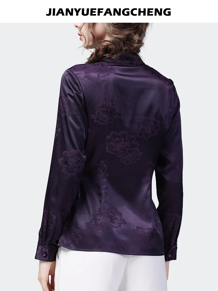 Vintage Women Purple Jacquard Satin Blouse Long Sleeve Stand Collar Spring Summer Tops Fashion Slimming Irregular Lace-up Shirt