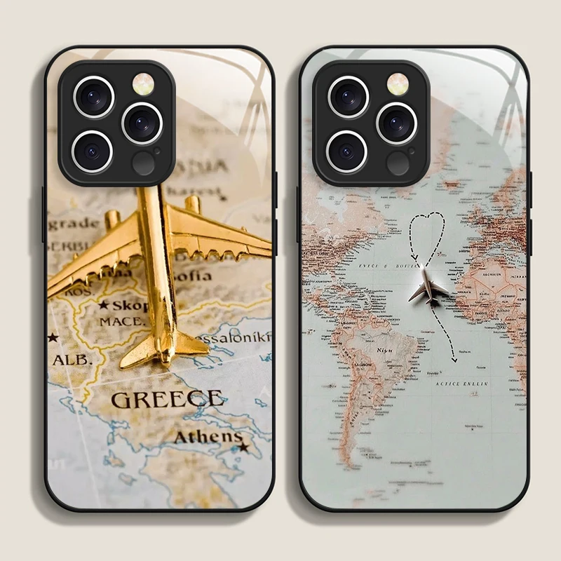 Custodia per telefono in vetro temperato con mappa di viaggio creativa modello aereo per IPhone 17 16 Pro Max 15 14 13 12 Mini 11 X XS 7 8 Plus Copertine