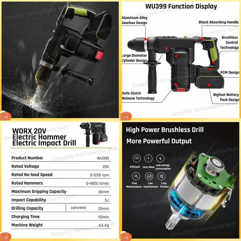WU399 Hammer Drill Impact Driver Brushless Cordless 20V Lithium Battery Industrial Grade Power Tool for