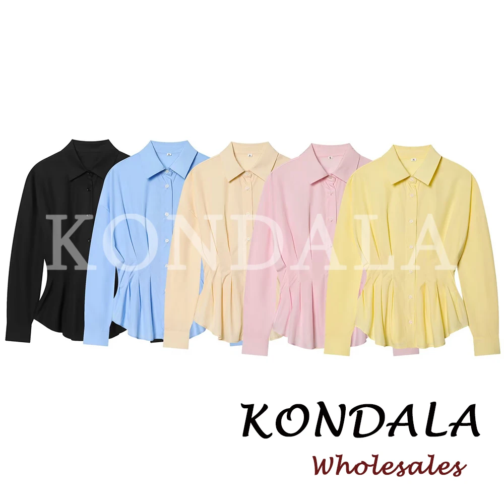 

KONDALA Chic Modern Elegant Solid Pink Spring Blouse Single Breasted Pleated Shirt Fashion 2026 Draped Office Lady Female Shirt