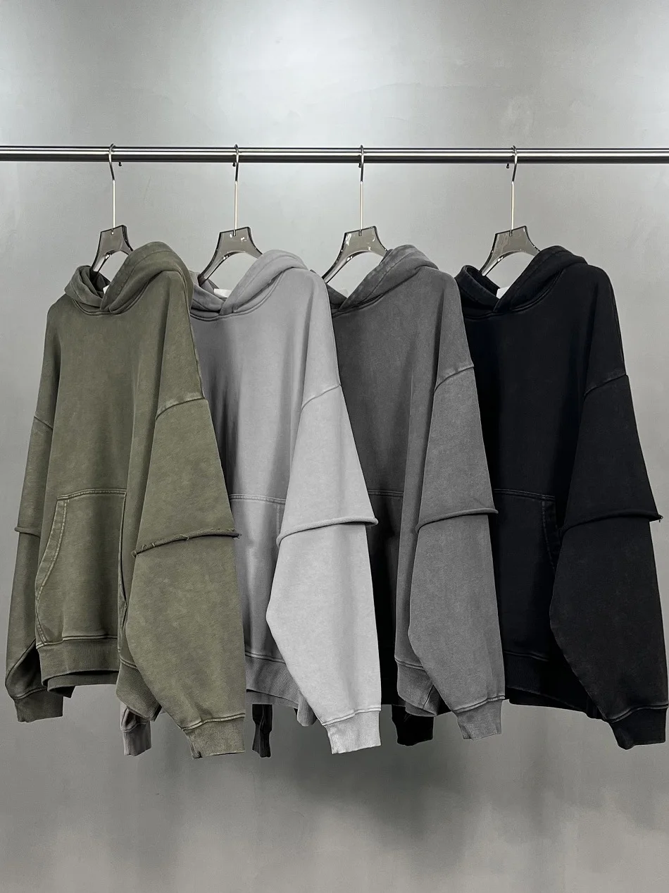 

VIBE High Street Heavyweight Faux Two-Piece Hoodie Oversize Loose Vintage Men's Women's Casual Long Sve Sweatirt