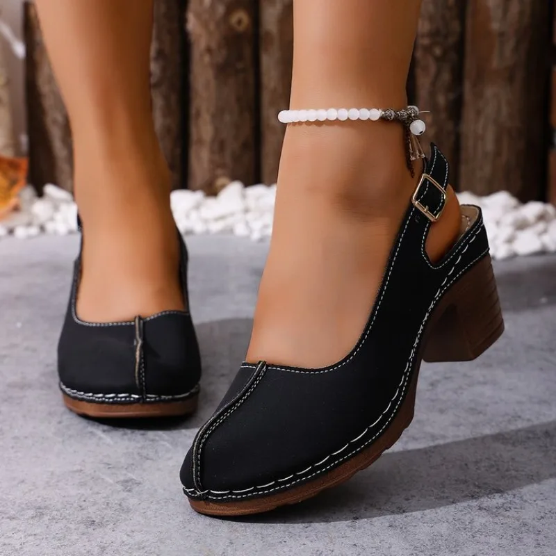 Women's Round Closed Toe Slingbacks Chunky Block Heel Matte Contrast Stitching Adjustable Buckle Casual Retro Vintage Footwear
