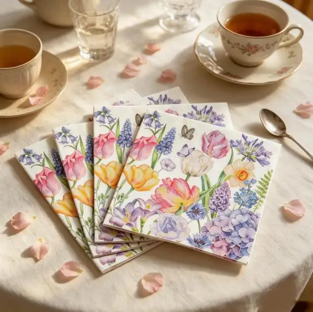 Watercolor Tulip Mixed Floral Butterfly Printed Napkins, Spring Garden Disposable Tissues, for Parties, Picnics Table Decoration