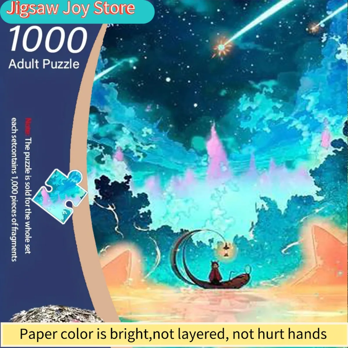

1000pcs adult jigsaw puzzle - colorful clouds and meteors against a starry sky background small characters hanging upside down