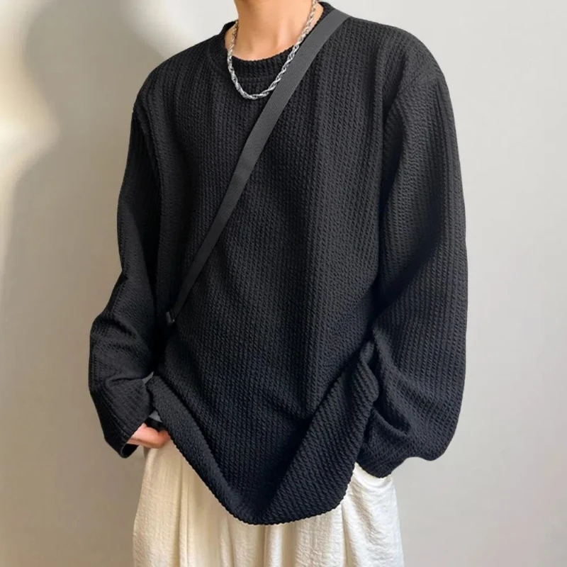 Korean Men's Spring and Autumn New Splicing Pullovers O-Neck Screw Thread Fashion Solid Color Loose Casual Long Sleeve Tops