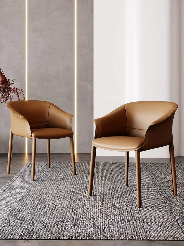 

Italian style saddle leather dining chairs, modern household Nordic light luxury coffee chairs, armrests, backrests