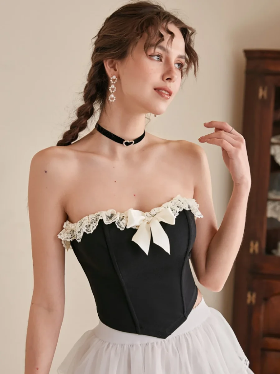 Women's Corset Top Strapless Lace Trim Bow Detail Smooth Fitted Tops Sweet Corset Spring Summer Chic Corset Party Stretchy Tops