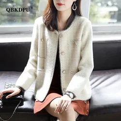 Elegant Faux Mink Cashmere Sweater Cardigan Women Vintage Luxury Design Plaid Knitted Coat Korean Style Soft V-Neck Knitwear Top