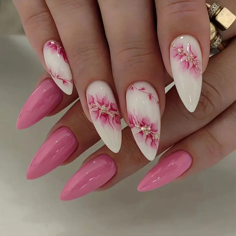

24pcs Magenta Solid Press-On Nails - Peach Blossom & Gold Foil on White Base Medium Almond False Nails