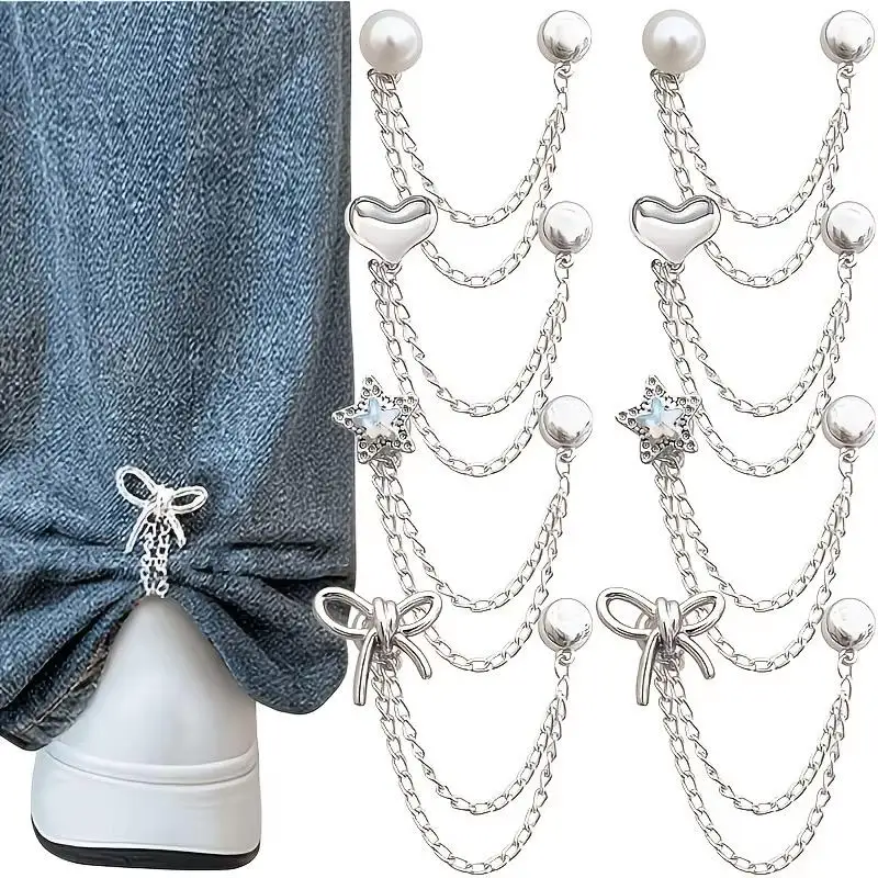 2Pcs Multi-Function Clothing Clips With Chain Metal Tassel Buttons Clip Roll Up Pants Alloy Adjusble Trouser Legs