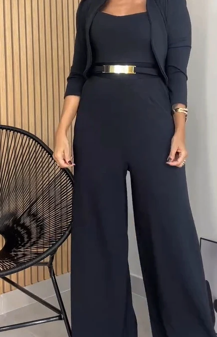 Pakaian 2 Potong Wanita Dekorasi Logam Leher Persegi Tanpa Lengan Ritsleting Belakang Cinched Pinggang Lebar Kaki Jumpsuit & Set Kardigan Crop Kasual