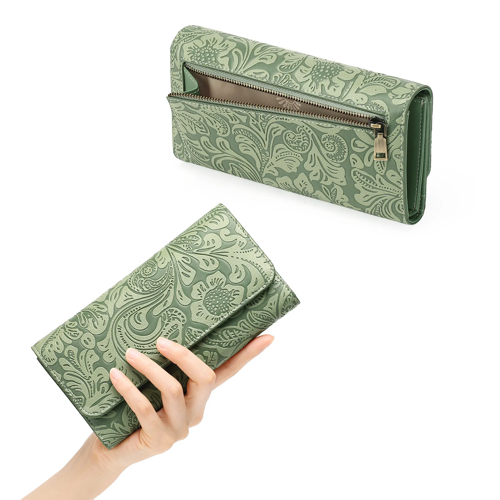 Nieuwe lange drievoudige damesportemonnee met reliëfpatronen, trendy en modieuze portemonnee, clutch met grote capaciteit voor buitenlandse handel