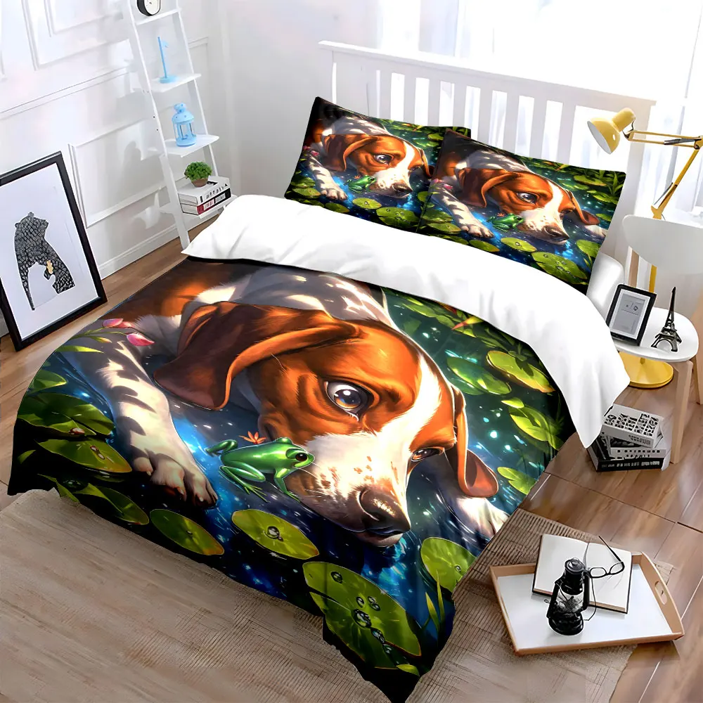 Cute Beagle Dog and Frog in Pond Art Set of 3, kid's and adults' bedroom decor, Exquisite three-piece bedding set gift