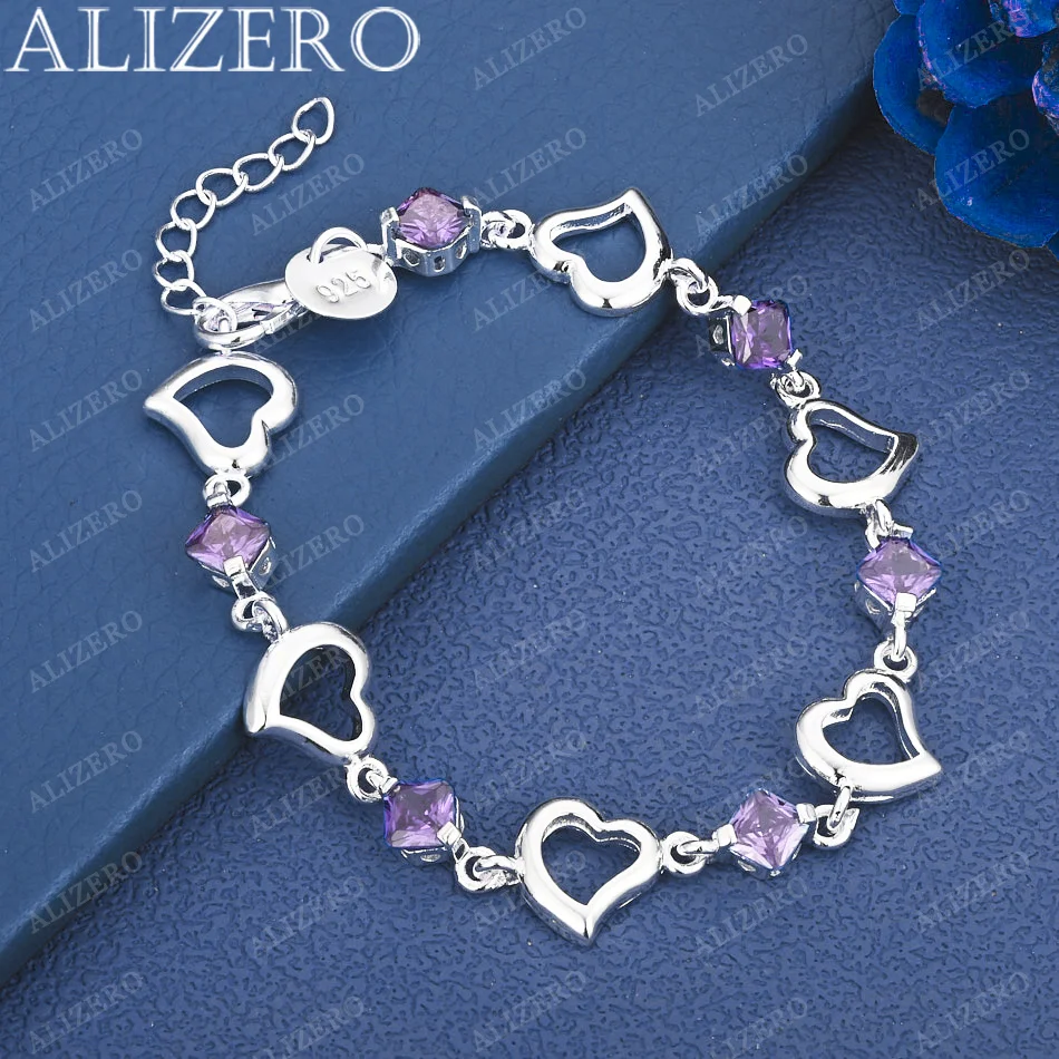

ALIZERO 925 Sterling Silver Purple Zircons Hearts Bracelets For Women Anniversary Gift Popular Wild Fashion Romantic Jewelry