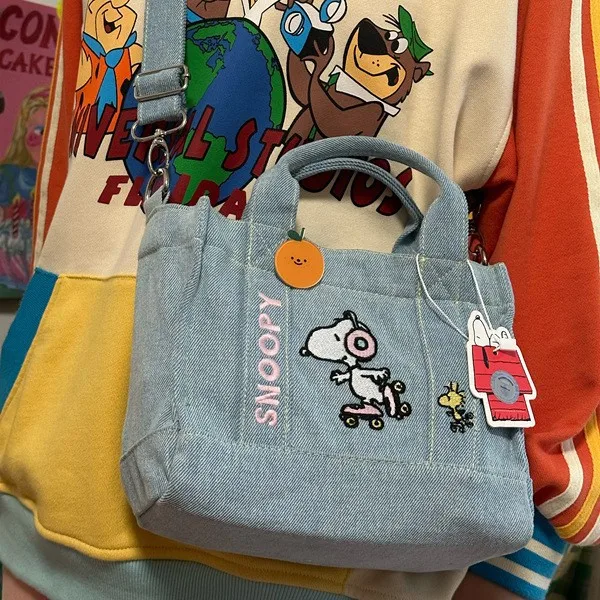 Kawaii Snoopy Denim Tote Bag Cartoon Animation Student Cute Tote Bag Embroidery Lunch Crossbody