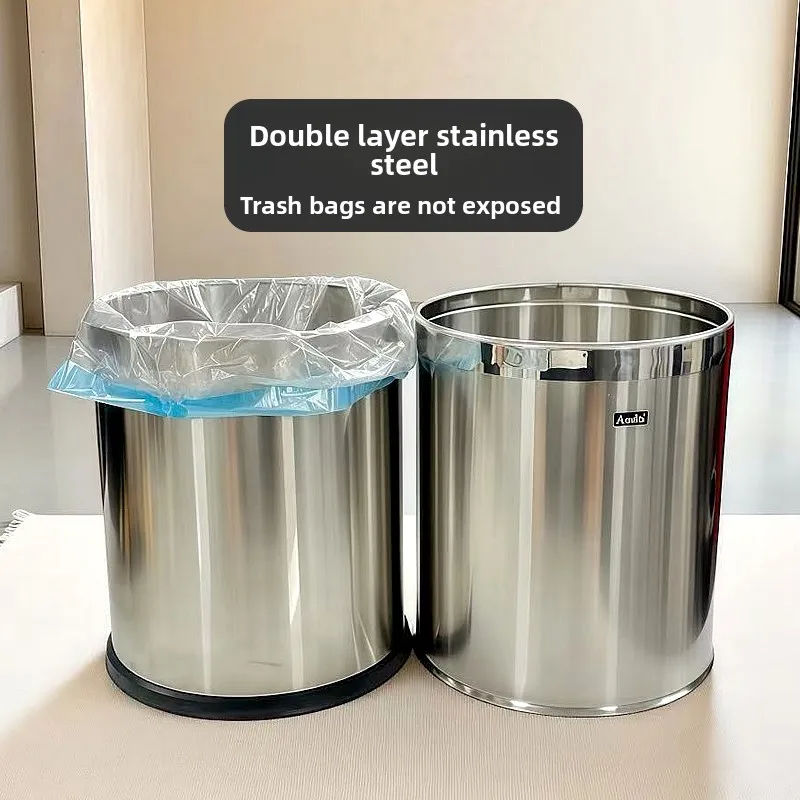 

Stainless Steel Trash Can for Kitchen Living Room Large Open Top Dual Layer Hotel Office Bin Durable Household Waste Solution