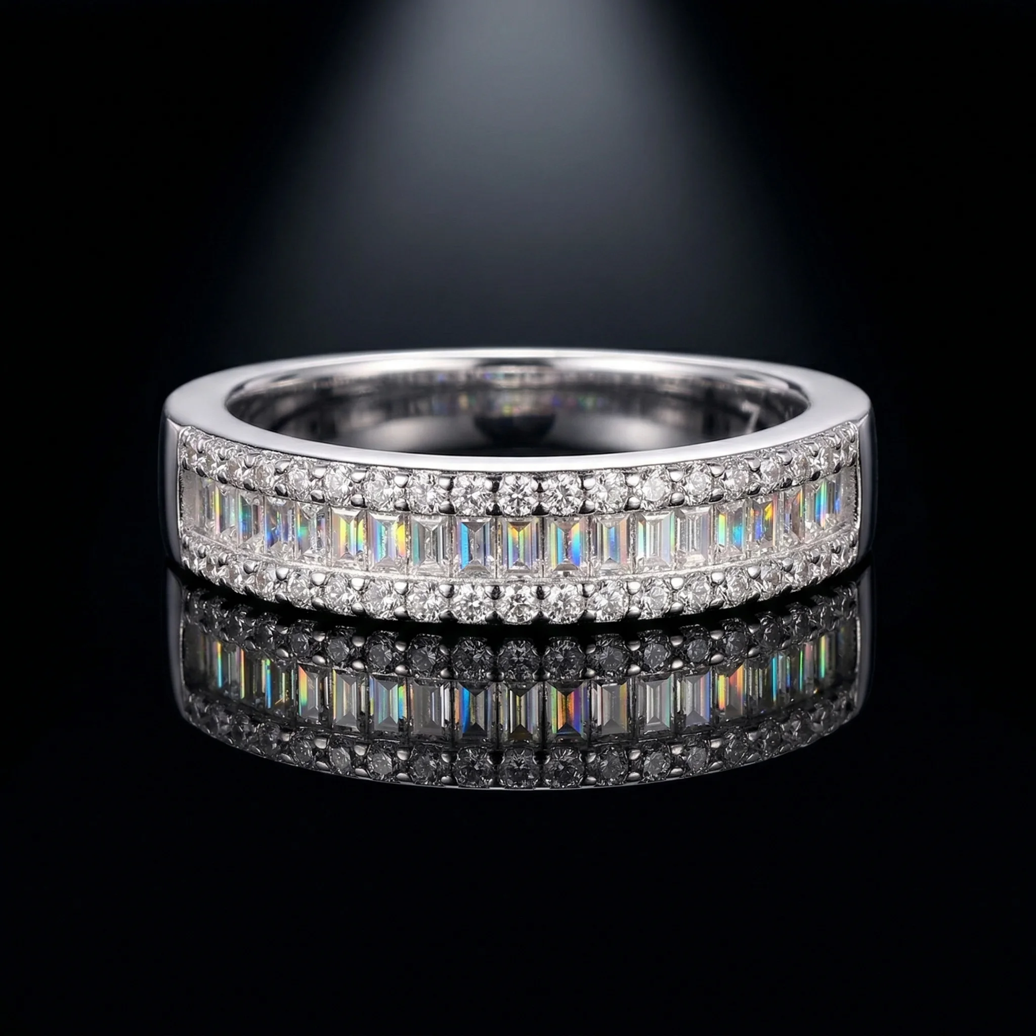 

Кольцо с муассанитами трехрядное, смешанной огранки, серебро 925 пробы, цвет D, чистота VVS1, багет и круглые камни, повседневное, унисекс, для многослойного ношения, с сертификатом