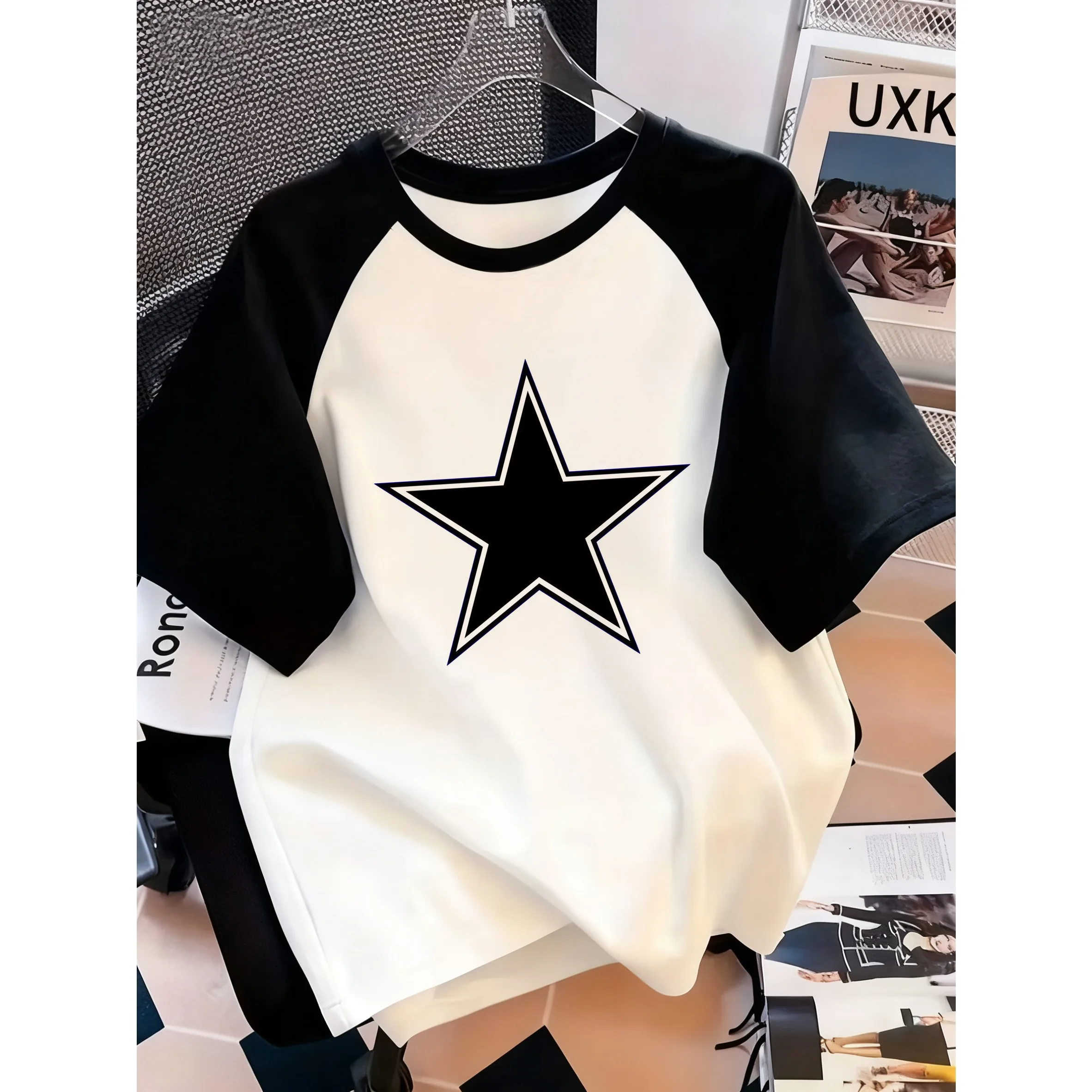 Y2k Star Design Print Letter Print Crew Neck T-Shirt Casual Short Sleeve Top for Spring Summer Women's Clothing Top Tee