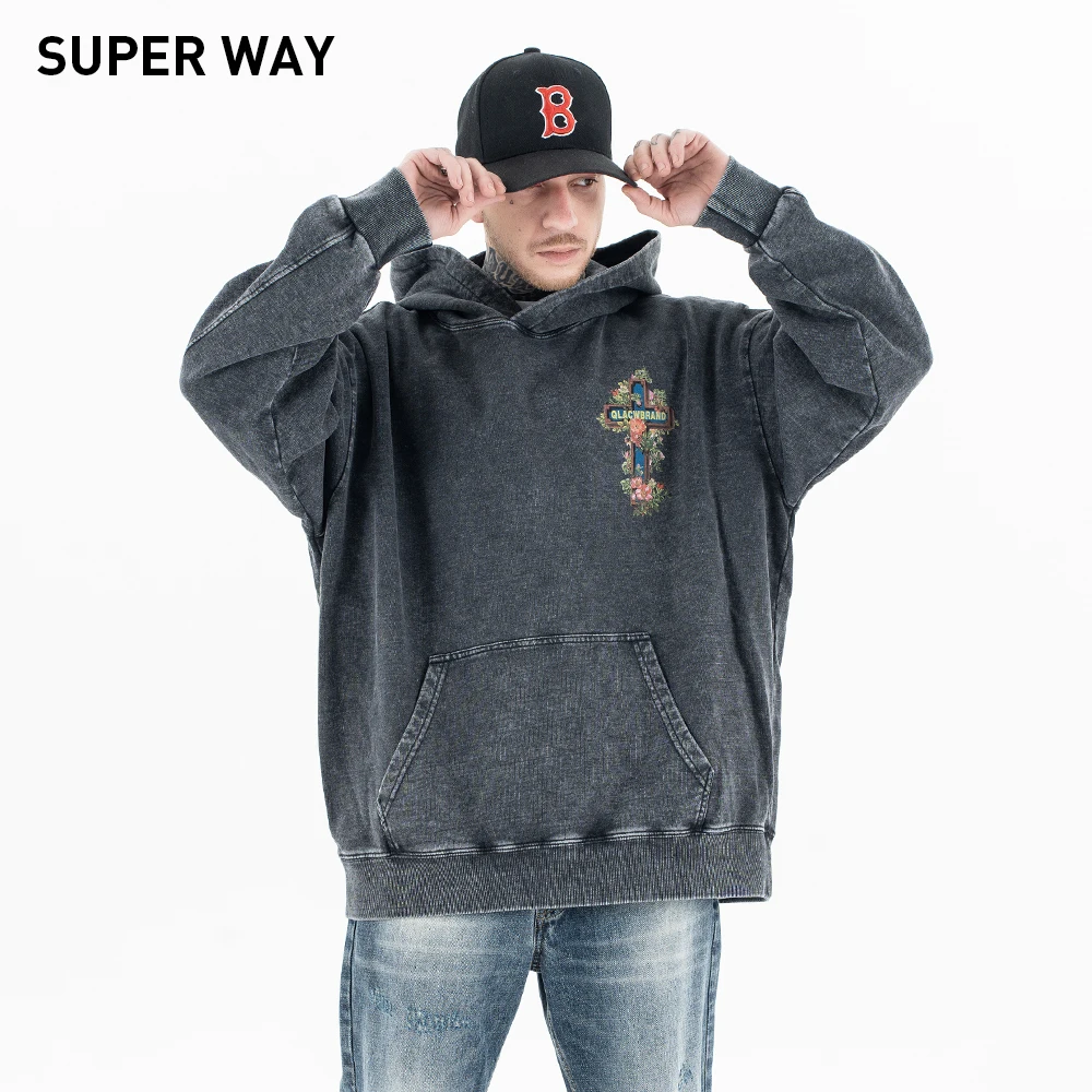 

Superway Original Design Oversized Cross Printed Hoodies Men Washed Hip Hop Loose Pullover High Street American Style SweatShirt