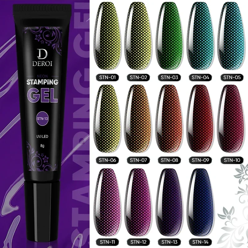 네일 스탬핑 젤 광택제 네온 컬러 네일 프린팅 광택제, UV 젤 흡수 바니시, 초보자용 DIY 네일 플레이트 디자인 DEROI, 8g