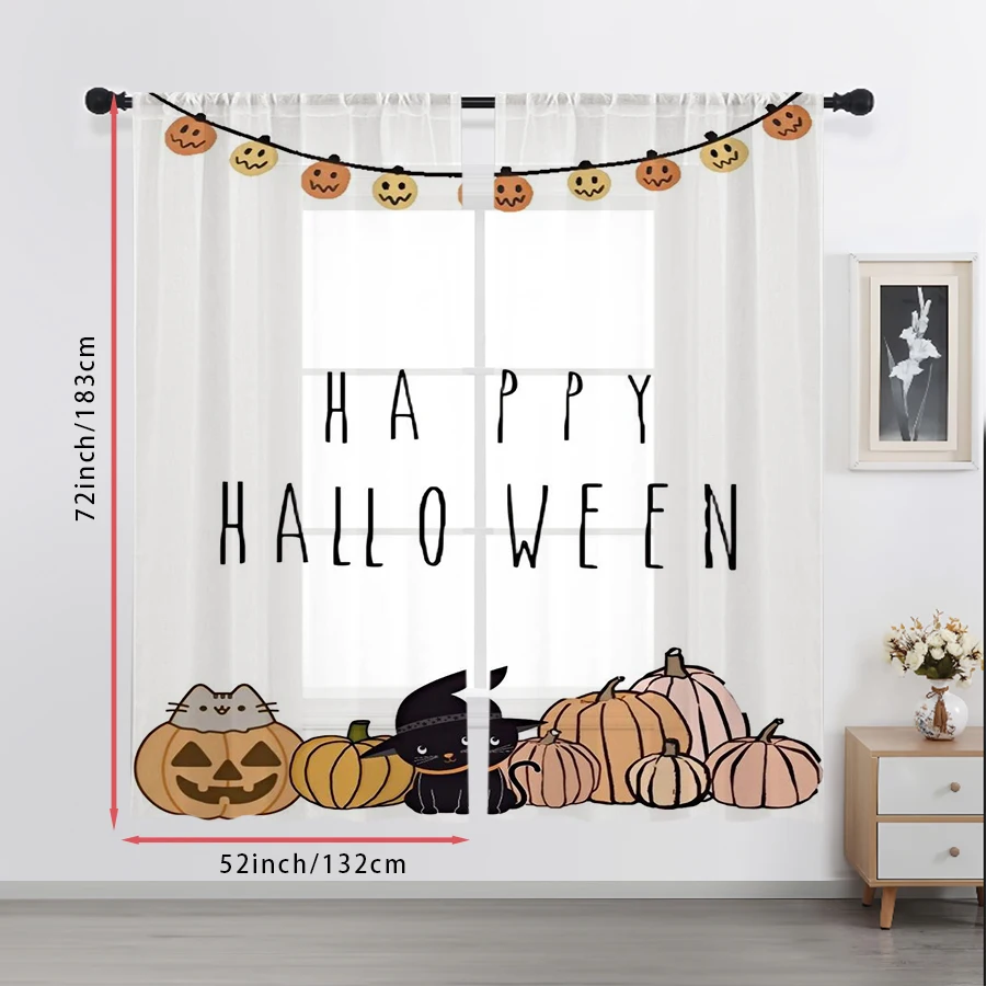 2PCS Digital Print Sheer Curtain, Cute Cat Pumpkin Halloween Garland String Window Drapes for Living Room Bedroom Home Decor - view 6