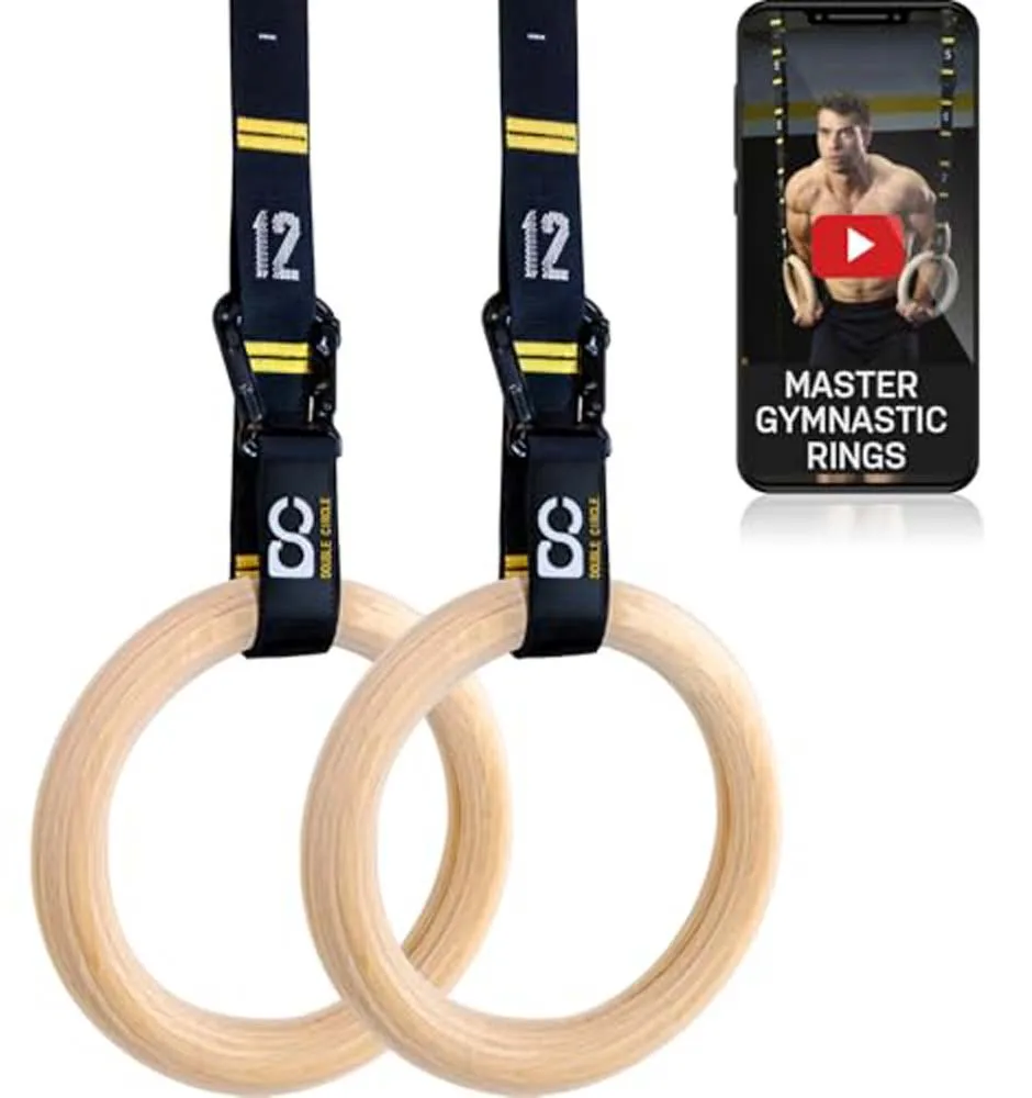 Anneaux de gymnastique en bois réglables à double couche avec sangles numérotées et mousquetons verrouillables pour exercices corporels et entraînement à domicile