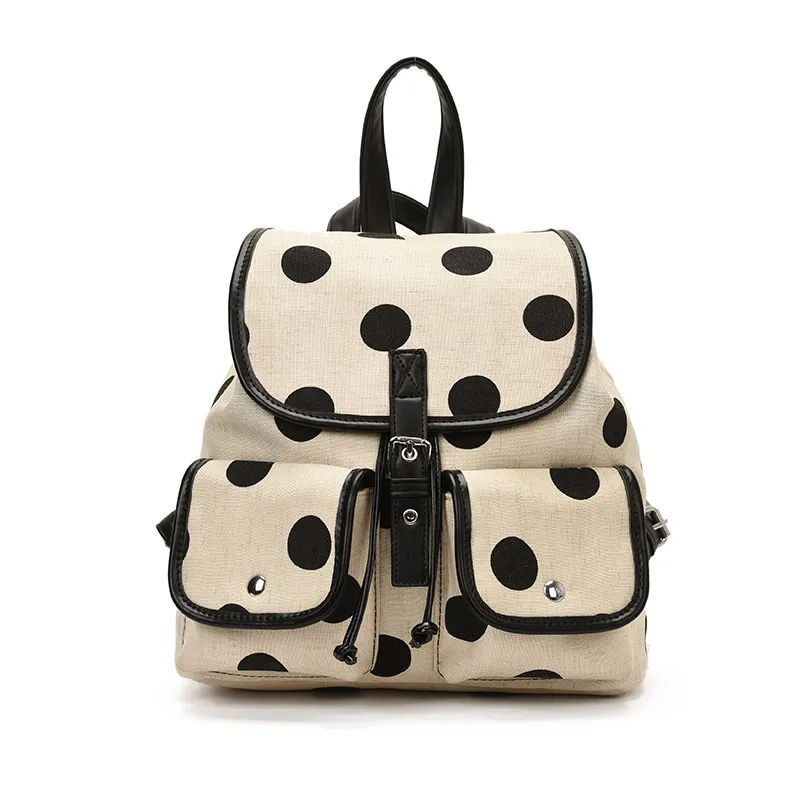 Korean-style polka dot canvas backpack for women2026New Fashionable Commuting Drawstring Multi-Pocket Backpack Student School Ba