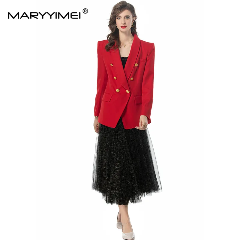 MARYYIMEI Spring Summer Women's Suit Long-Sleeved Double Breasted Solid Tops+Black Underlay skirt Elegant Two Piece Set