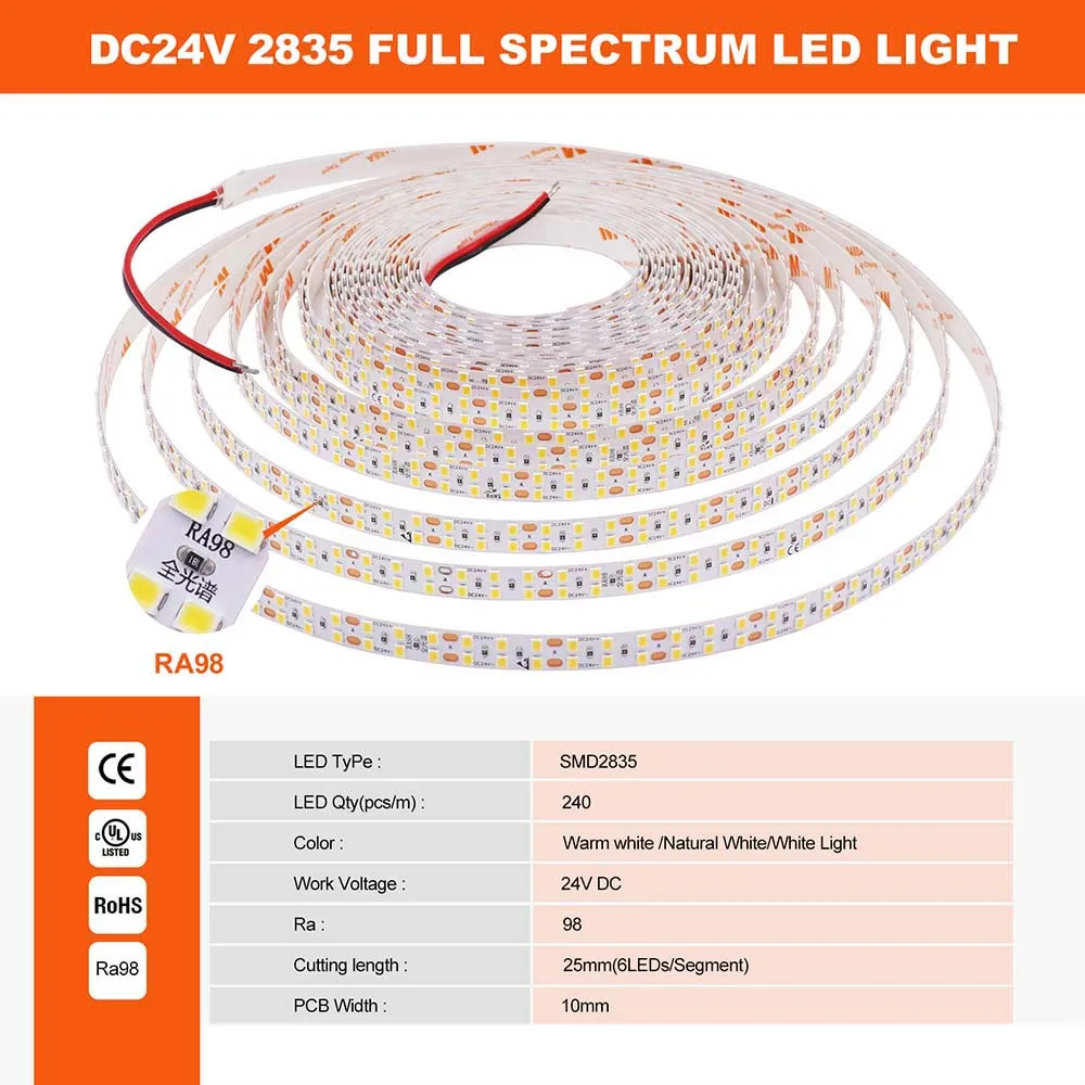 DC 24V LED Strip IFull Spectrum RA98 P20 2835 240Leds/M 3000K 4000K 6000K Home Decor Flexible Ribbon Tape Light