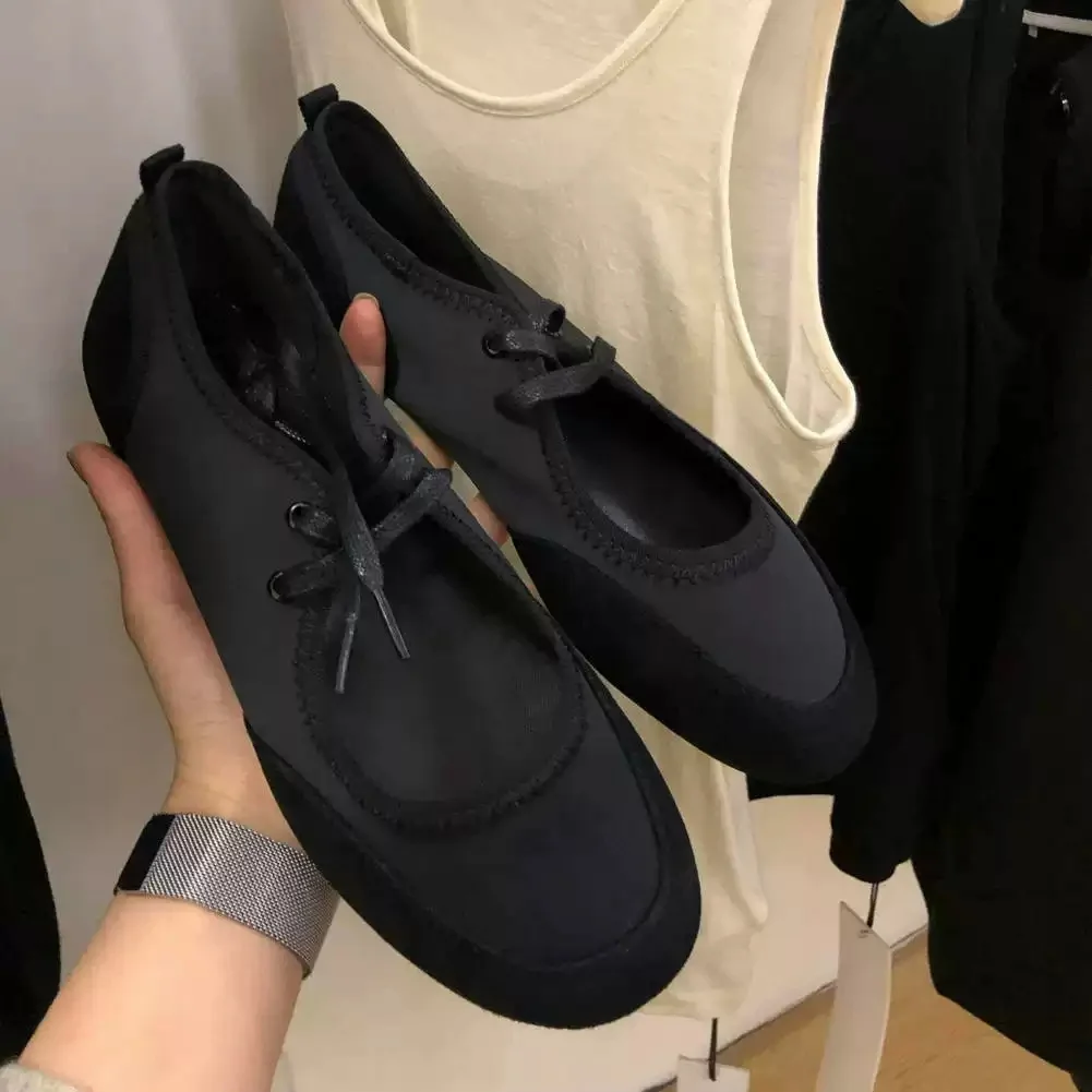 Matte Black Spliced Fabric Lace Up Flat Shoes Round Toe Soft Lightweight Ladies Daily Lazy Minimalist All Season Casual Footwear