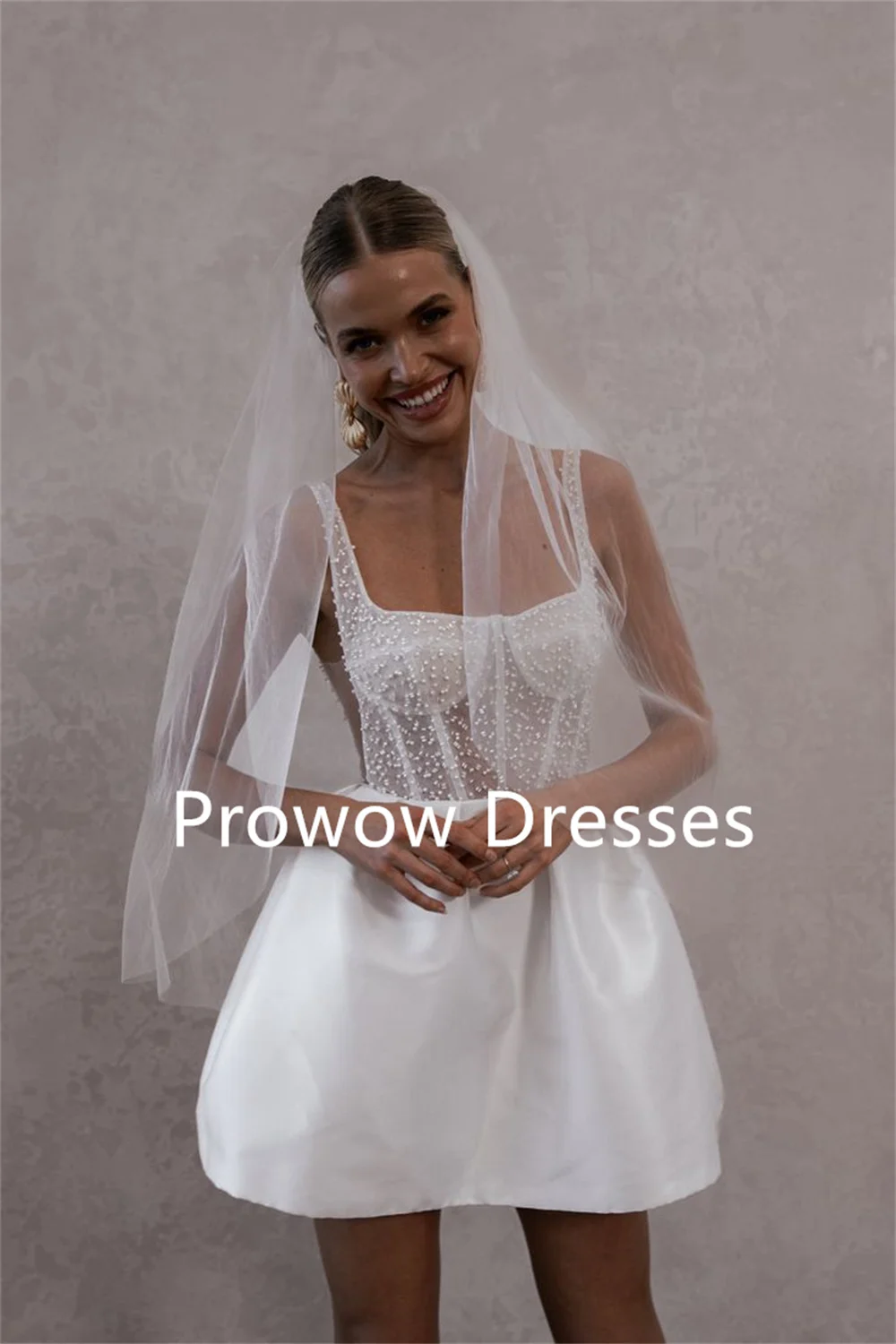 

Prowow Exquisite Ivory Mini Wedding Dress Beads Pearls Sweetheart Short Bridal Gown Sleeveless Button Back Customized
