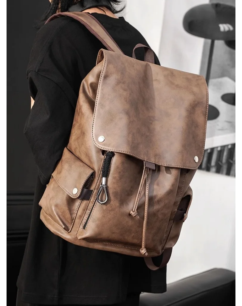 Drawstring 남자 노트북 배낭 패션 남자 여행 가방 가죽 남성 학교 가방
