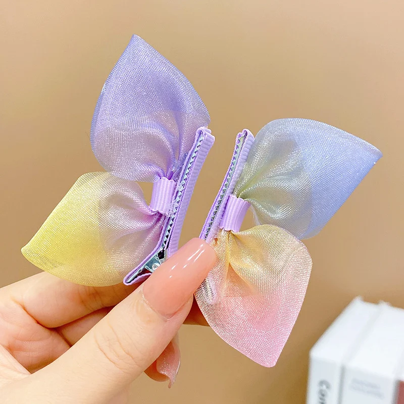 2PCS New Lovely Princess Gradient Color Bow Girls Hairpins Children Headwear Hairgrip Hair Clips Barrettes Hair Accessories