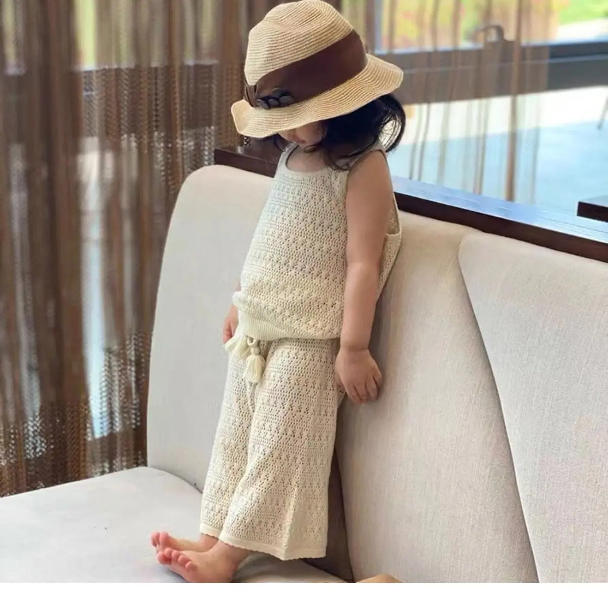 Children\'s Sets Girls Korean Fashion Hollow Knitted Sleeveless Set Summer Cool Baby Tank Top+ Wide Leg Pants