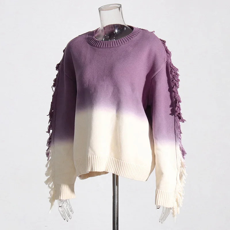 Tassel Fringe Knitted Women Sweater Changing Color Baggy Jumpers 2023 Fall Winter New Fashion Streetwear Workout Activewears
