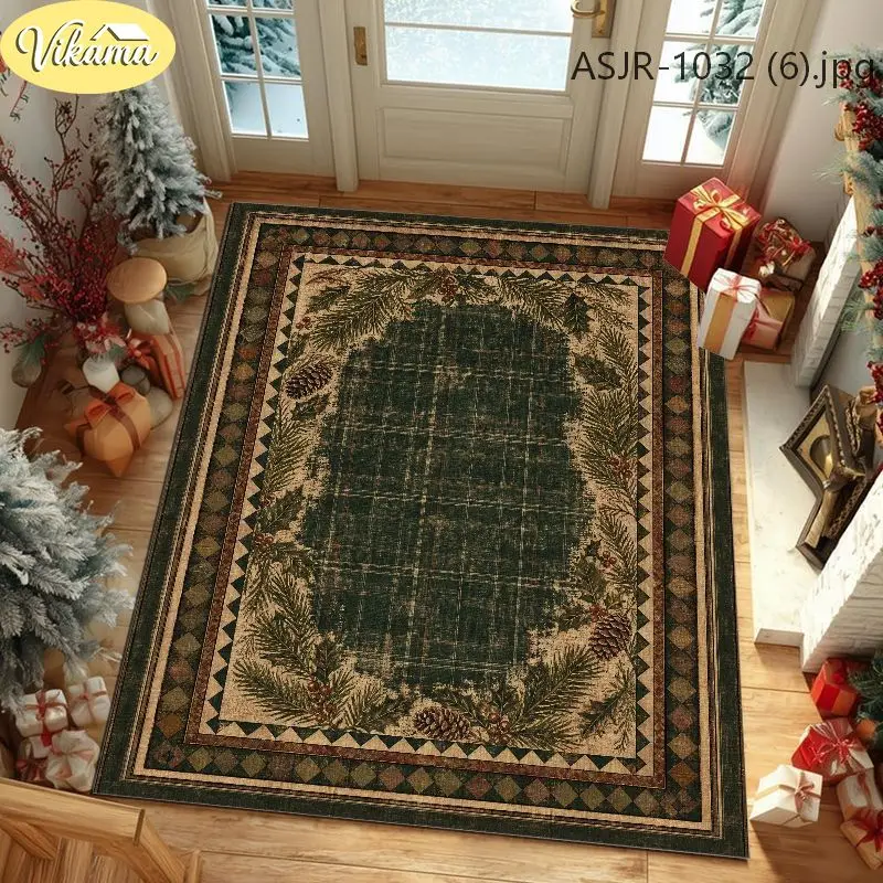 VIKAMA Rustic Pine Cone Christmas Crystal Velvet Rug, 8 Assorted Designs, Non-Slip Washable Xmas Area Rug