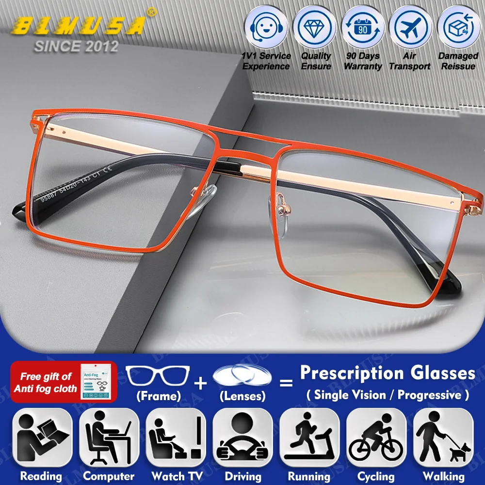

BLMUSA (L) Retro Pilot Rectangle Myopia Prescription Glasses Men Blue Light Blocking Photochromic Progressive Reading Eyeglasses