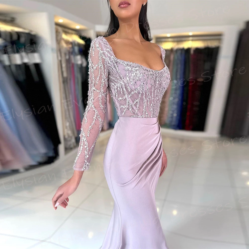 Pretty Modern Women's Mermaid Generous Evening Dresses New Graceful Square Collar Prom Gowns Long Sleeve Beaded Vestido De Noche