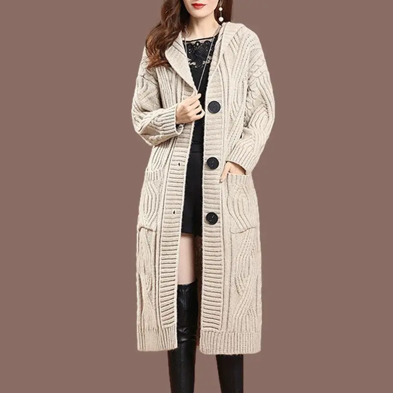 2024 Winter Large Size Hooded Mid-long Knitted Cardigan Thick Sweater Coat Solid Color Loose Over The Knee Women\'s Wear Clothing