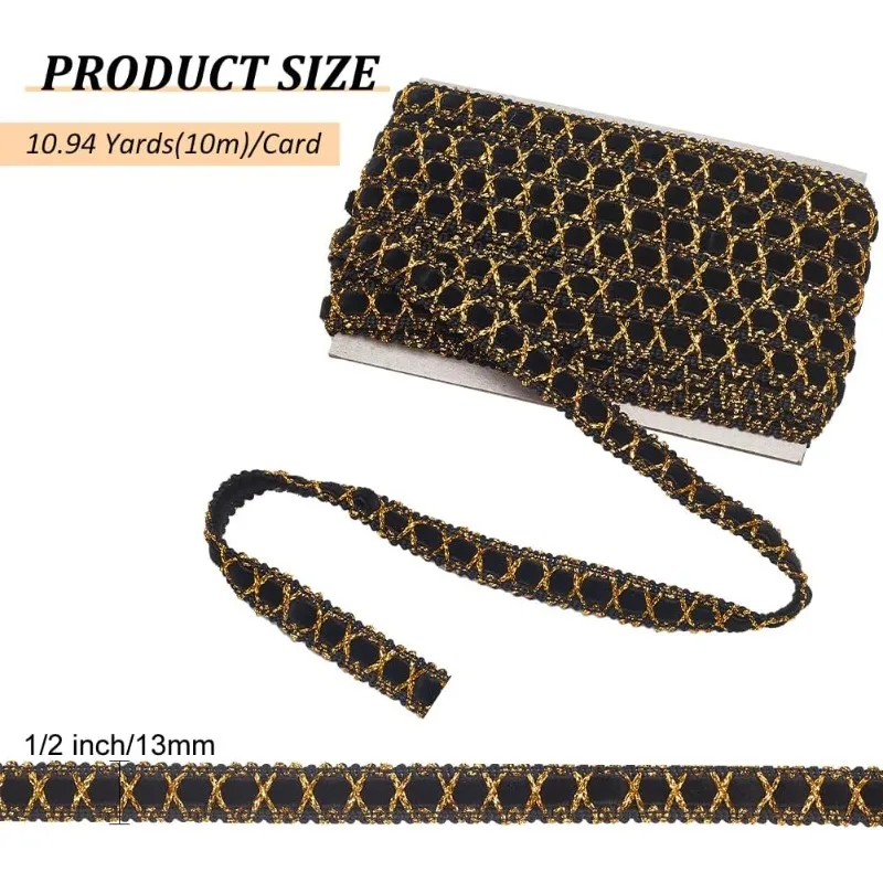 11 Yards Black Gold Metallic Lace Trim Suede Gimp Braid Trim Ribbon for Curtain Lampshades Sewing Bag Costume DIY Crafts