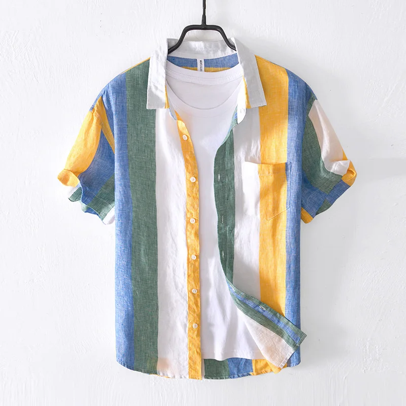 Summer Pure Linen Short Sleeve Striped Shirt For Men Hawaiian Casual Versatile Color Matching Thin Blouses Tops Male Clothing