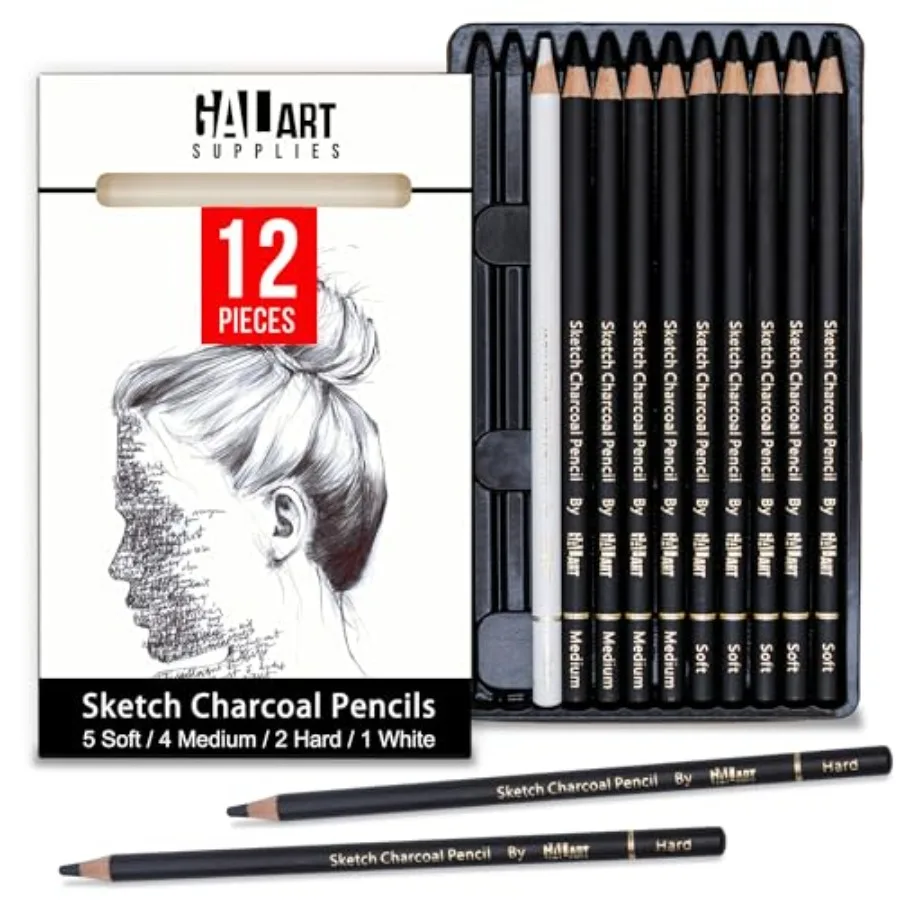 Charcoal Drawing Set with Organizer Tray 12 Pieces Soft, Medium, Hard and White Charcoal Pencils for Drawing, Shading and Sketc