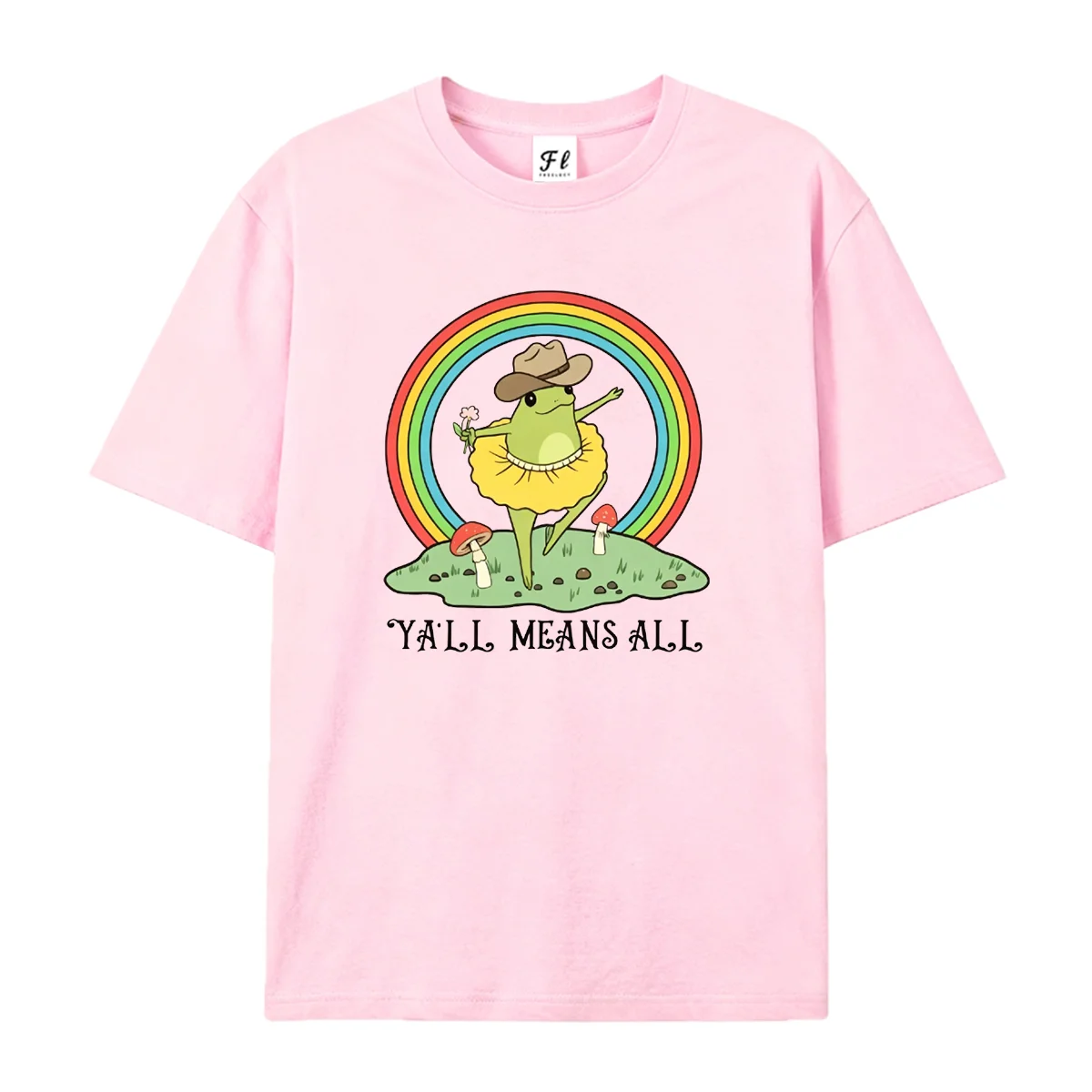 Y'all Means All Dancing Cowboy Ballet Frog Graphic Short Sleeve T‑Shirt Rainbow Mushroom Whimsical Cartoon Print Casual Tees