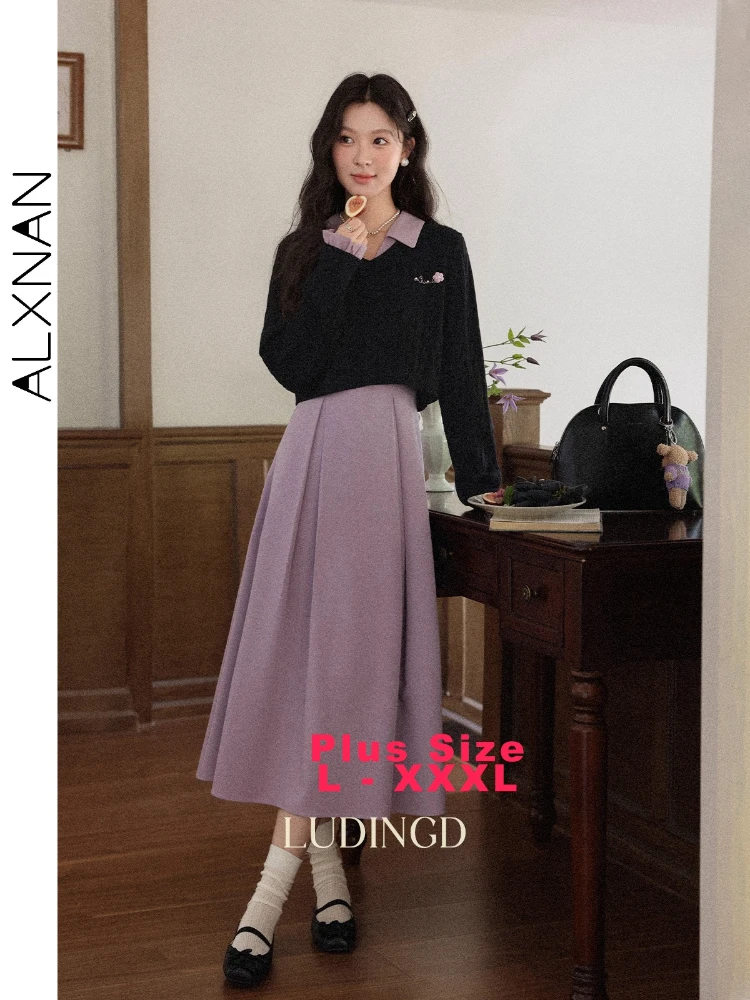 

ALXNAN Plus Size Purple Dress V-Neck Waist-Defining Sleeveless Pleated Dress Elegance Versatile Commuting Ladies Dress D13050