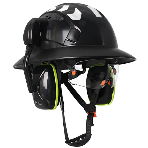 Casco de ala completa CE con gafas integradas, orejeras, pegatinas reflectantes, cascos de seguridad ANSI, gorra de trabajo para ingeniero y sitio de construcción