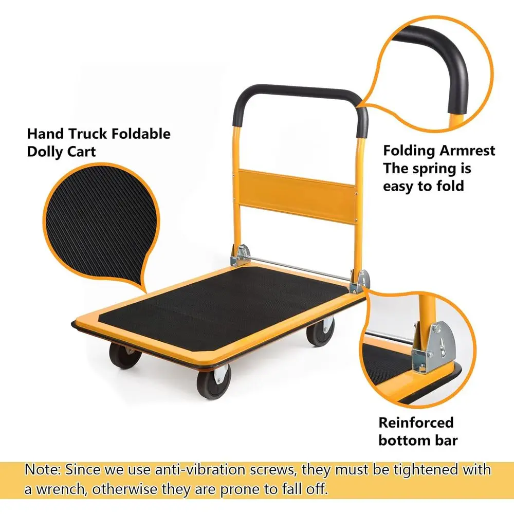 รถบรรทุกพื้นเรียบพับได้ขนาดใหญ่ สีเหลือง - รับน้ำหนักได้ 880 ปอนด์, 35.8x24x34.3 นิ้ว