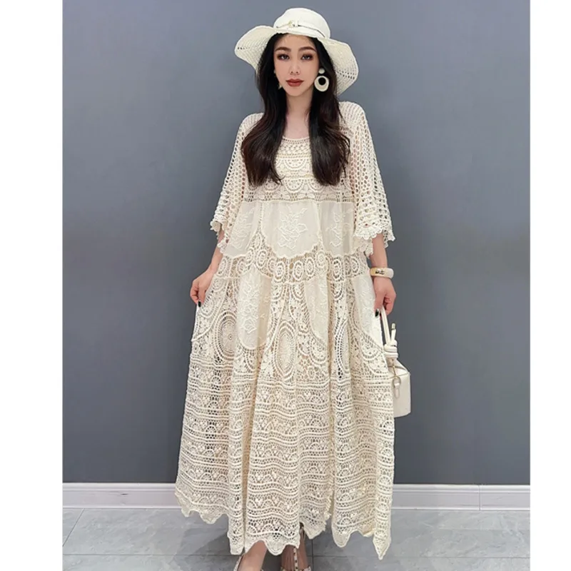 2024 Summer New Lace Dress Mid sleeved Mid length Skirt Hollow out Elegant Ladies Loose fitting Women Dress WXY042