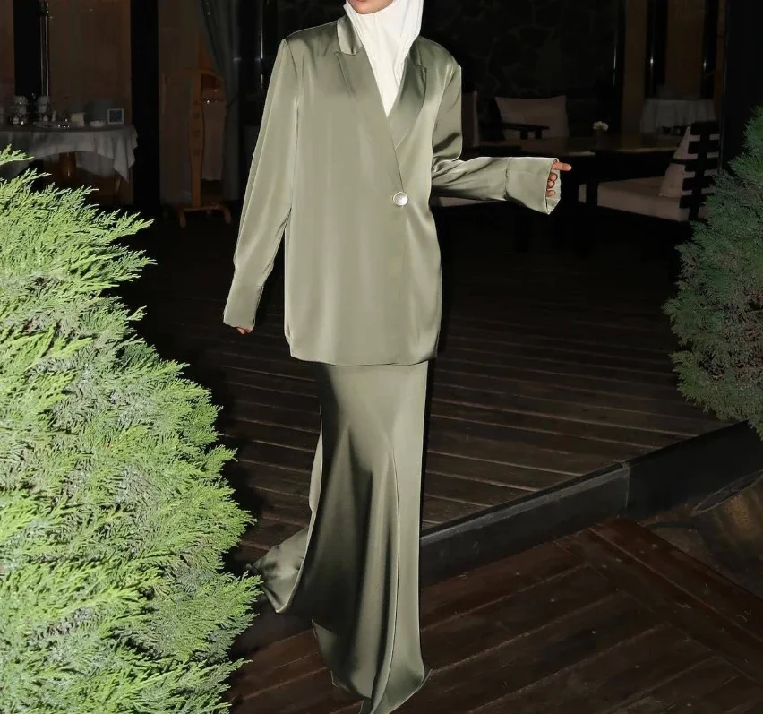 

Two Piece Set Women Outfit Spring New Solid Color Satin Notched Collar Loose Long Sleeved Suit & High Waist Long Skirt Set