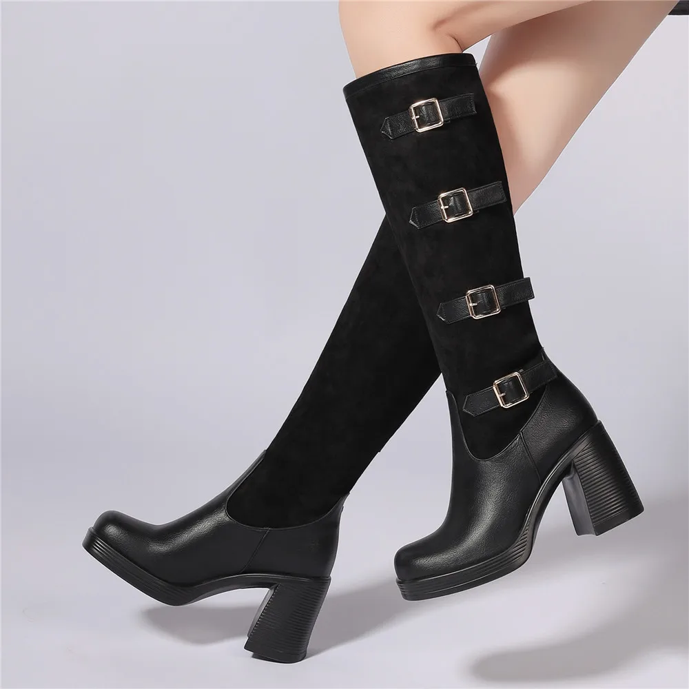 Women Boots Autumn Winter Long Tube Knight Booties Buckle Punk Gothic Classic Black ArmyGreen Platform High Heel Shoes Knee-High